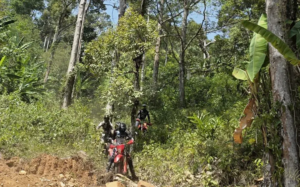 Riders in helmets climbing a rocky jungle trail, one behind the other